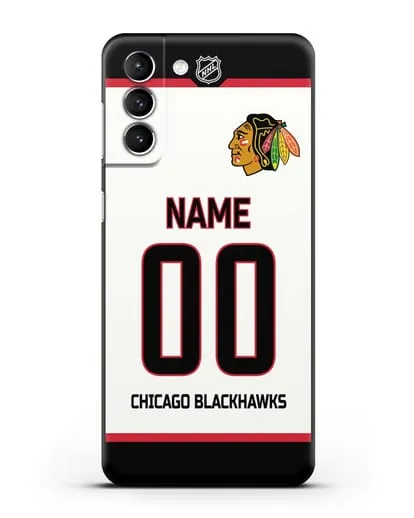 Чехол ХК Чикаго Блэкхокс с фамилией и номером белая форма силиконовый для Samsung Galaxy S22 Plus