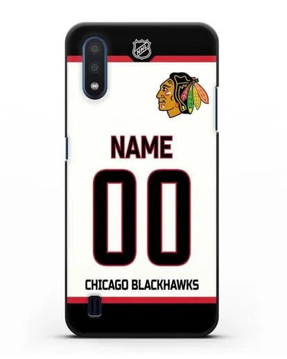 Чехол ХК Чикаго Блэкхокс с фамилией и номером белая форма силиконовый для Samsung Galaxy M01 [SM-M015F]
