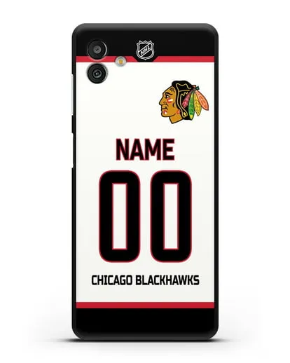 Чехол ХК Чикаго Блэкхокс с фамилией и номером белая форма силиконовый для Samsung Galaxy M13 [SM-M135]