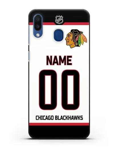Чехол ХК Чикаго Блэкхокс с фамилией и номером белая форма силиконовый для Samsung Galaxy M20 [SM-M205F]