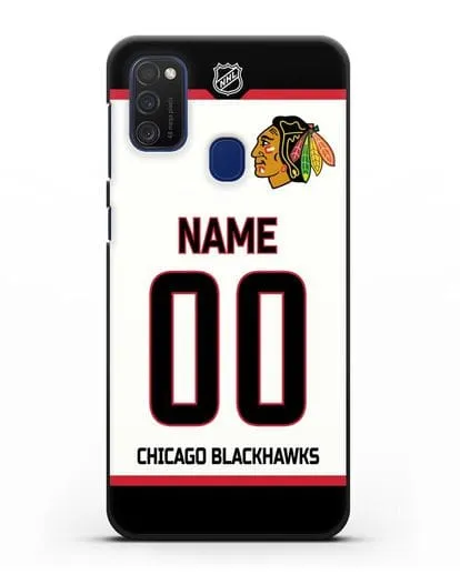 Чехол ХК Чикаго Блэкхокс с фамилией и номером белая форма силиконовый для Samsung Galaxy M21 [SM-M215F]