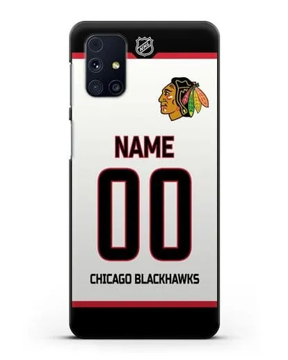 Чехол ХК Чикаго Блэкхокс с фамилией и номером белая форма силиконовый для Samsung Galaxy M51 [SM-M515F]
