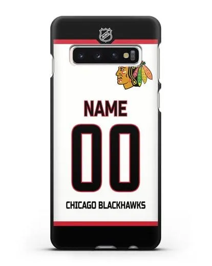 Чехол ХК Чикаго Блэкхокс с фамилией и номером белая форма силиконовый для Samsung Galaxy S10 [SM-G973F]