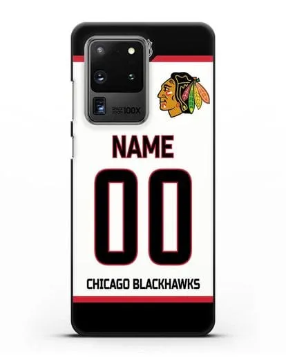 Чехол ХК Чикаго Блэкхокс с фамилией и номером белая форма силиконовый для Samsung Galaxy S20 Ultra [SM-G988B]