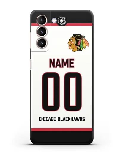 Чехол ХК Чикаго Блэкхокс с фамилией и номером белая форма силиконовый для Samsung Galaxy S21 FE [G990B]