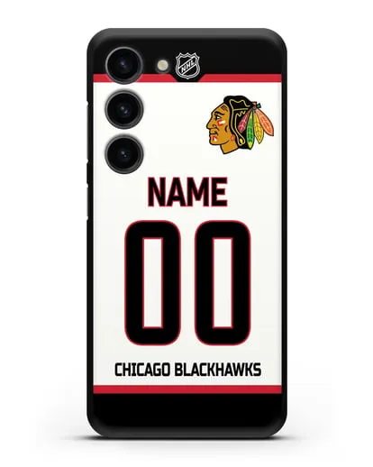 Чехол ХК Чикаго Блэкхокс с фамилией и номером белая форма силиконовый для Samsung Galaxy S23 [SM-S911]