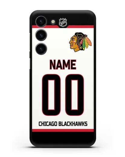 Чехол ХК Чикаго Блэкхокс с фамилией и номером белая форма силиконовый для Samsung Galaxy S23 Plus [SM-S916]