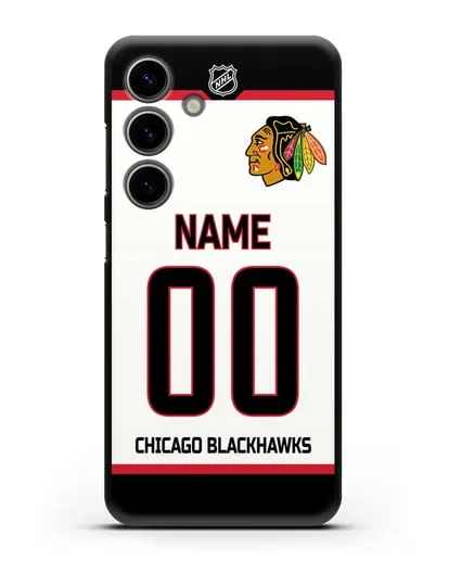 Чехол ХК Чикаго Блэкхокс с фамилией и номером белая форма силиконовый для Samsung Galaxy S24