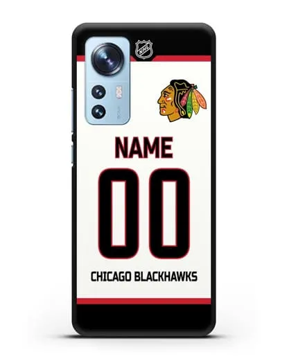 Чехол ХК Чикаго Блэкхокс с фамилией и номером белая форма силиконовый для Xiaomi 12X