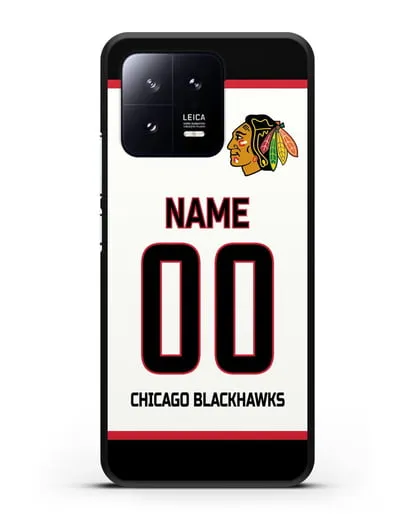 Чехол ХК Чикаго Блэкхокс с фамилией и номером белая форма силиконовый для Xiaomi 13