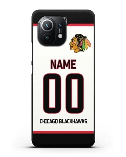 Чехол ХК Чикаго Блэкхокс с фамилией и номером белая форма силиконовый для Xiaomi Mi 11