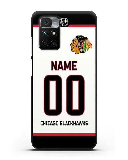 Чехол ХК Чикаго Блэкхокс с фамилией и номером белая форма силиконовый для Xiaomi Redmi 10