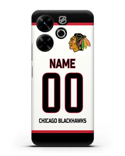 Чехол ХК Чикаго Блэкхокс с фамилией и номером белая форма силиконовый для Xiaomi Redmi 13