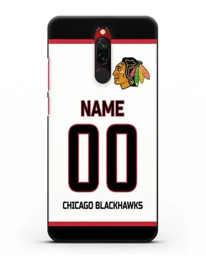 Чехол ХК Чикаго Блэкхокс с фамилией и номером белая форма силиконовый для Xiaomi Redmi 8