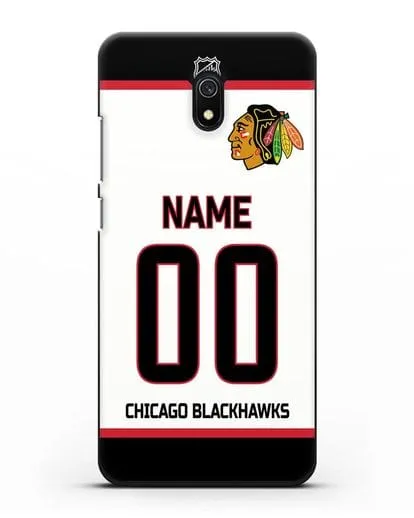Чехол ХК Чикаго Блэкхокс с фамилией и номером белая форма силиконовый для Xiaomi Redmi 8A