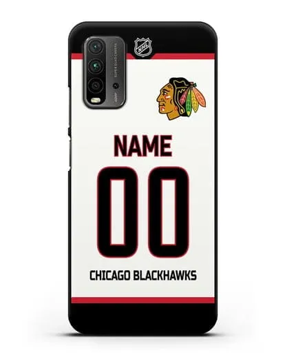 Чехол ХК Чикаго Блэкхокс с фамилией и номером белая форма силиконовый для Xiaomi Redmi 9T