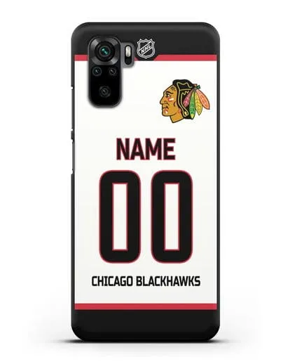 Чехол ХК Чикаго Блэкхокс с фамилией и номером белая форма силиконовый для Xiaomi Redmi Note 10