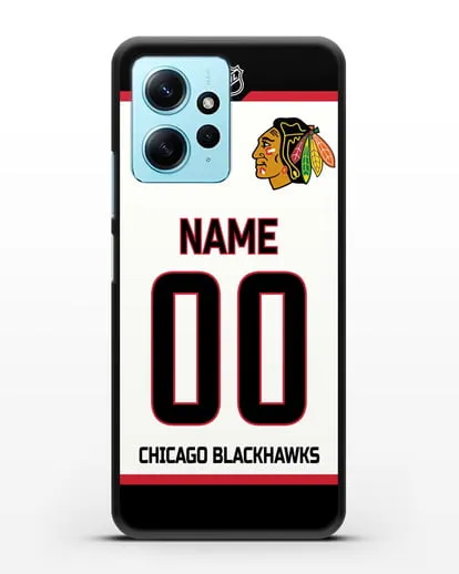Чехол ХК Чикаго Блэкхокс с фамилией и номером белая форма силиконовый для Xiaomi Redmi Note 12 4G