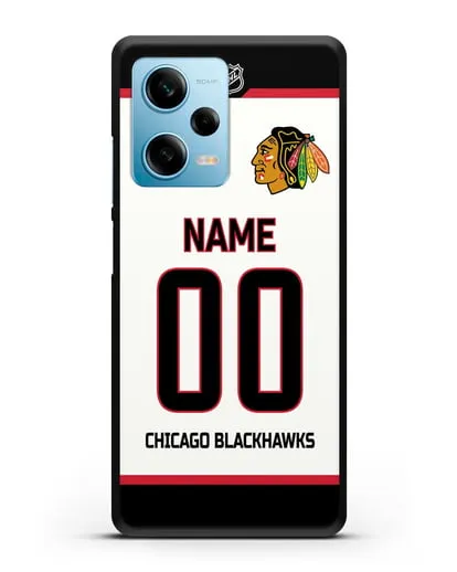 Чехол ХК Чикаго Блэкхокс с фамилией и номером белая форма силиконовый для Xiaomi Redmi Note 12 Pro 5G