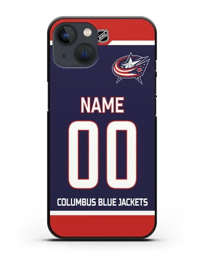 Чехол ХК Коламбус Блю Джекетс с фамилией и номером синяя форма силиконовый для iPhone 13