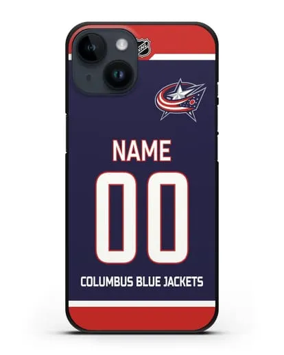 Чехол ХК Коламбус Блю Джекетс с фамилией и номером синяя форма силиконовый для iPhone 14