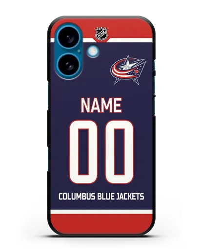Чехол ХК Коламбус Блю Джекетс с фамилией и номером синяя форма силиконовый для iPhone 16