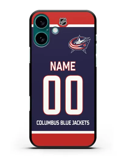 Чехол ХК Коламбус Блю Джекетс с фамилией и номером синяя форма силиконовый для iPhone 16 Plus