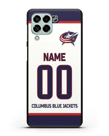Чехол ХК Коламбус Блю Джекетс с фамилией и номером белая форма силиконовый для Samsung Galaxy M53 [SM-M536]