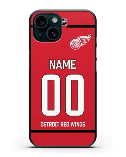 Чехол ХК Детройт Ред Уингз с фамилией и номером красная форма силиконовый для iPhone 15