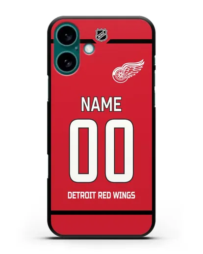 Чехол ХК Детройт Ред Уингз с фамилией и номером красная форма силиконовый для iPhone 16 Plus