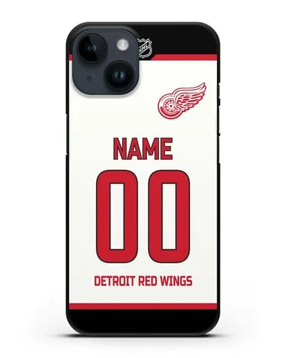 Чехол ХК Детройт Ред Уингз с фамилией и номером белая форма силиконовый для iPhone 14