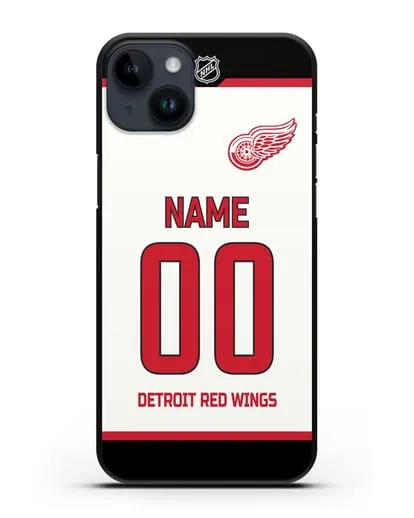 Чехол ХК Детройт Ред Уингз с фамилией и номером белая форма силиконовый для iPhone 14 Plus