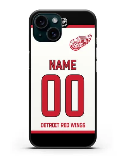 Чехол ХК Детройт Ред Уингз с фамилией и номером белая форма силиконовый для iPhone 15