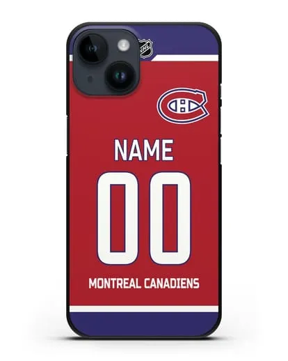 Чехол ХК Монреаль Канадиенс с фамилией и номером красная форма силиконовый для iPhone 14