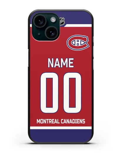 Чехол ХК Монреаль Канадиенс с фамилией и номером красная форма силиконовый для iPhone 15