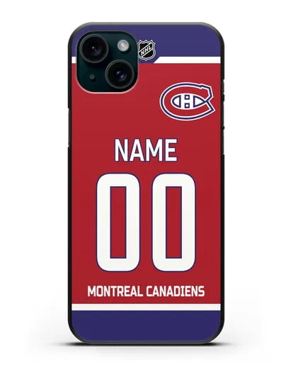 Чехол ХК Монреаль Канадиенс с фамилией и номером красная форма силиконовый для iPhone 15 Plus