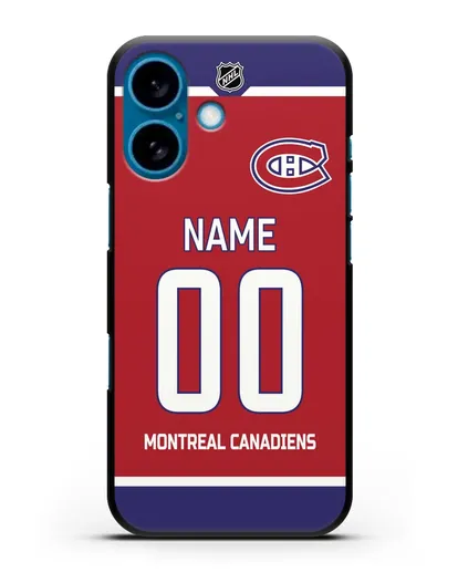 Чехол ХК Монреаль Канадиенс с фамилией и номером красная форма силиконовый для iPhone 16