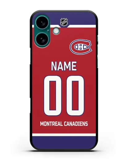 Чехол ХК Монреаль Канадиенс с фамилией и номером красная форма силиконовый для iPhone 16 Plus