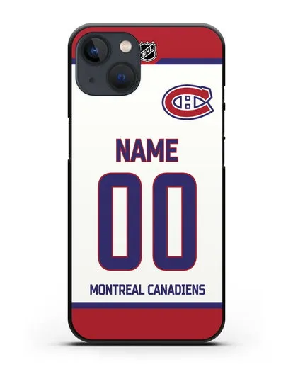 Чехол ХК Монреаль Канадиенс с фамилией и номером белая форма силиконовый для iPhone 13