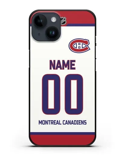 Чехол ХК Монреаль Канадиенс с фамилией и номером белая форма силиконовый для iPhone 14