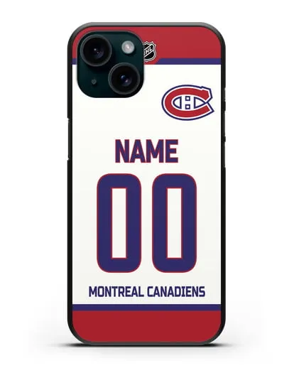 Чехол ХК Монреаль Канадиенс с фамилией и номером белая форма силиконовый для iPhone 15