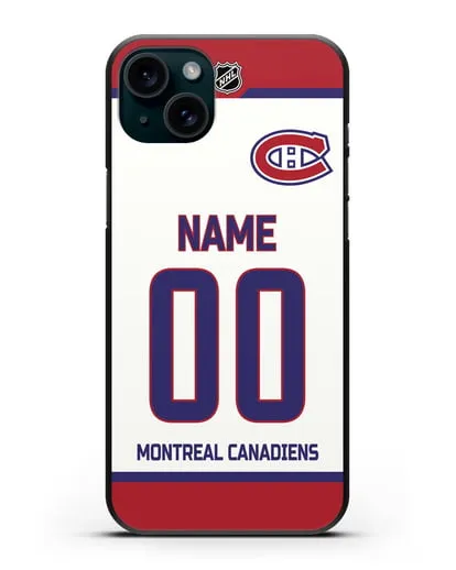 Чехол ХК Монреаль Канадиенс с фамилией и номером белая форма силиконовый для iPhone 15 Plus