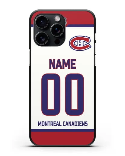 Чехол ХК Монреаль Канадиенс с фамилией и номером белая форма силиконовый для iPhone 15 Pro Max