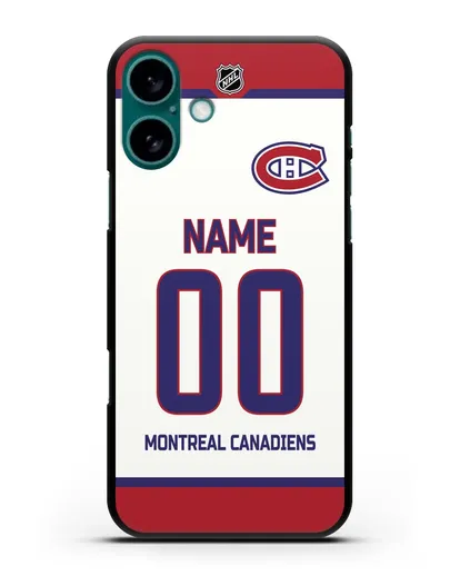 Чехол ХК Монреаль Канадиенс с фамилией и номером белая форма силиконовый для iPhone 16 Plus