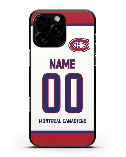 Чехол ХК Монреаль Канадиенс с фамилией и номером белая форма силиконовый для iPhone 16 Pro Max