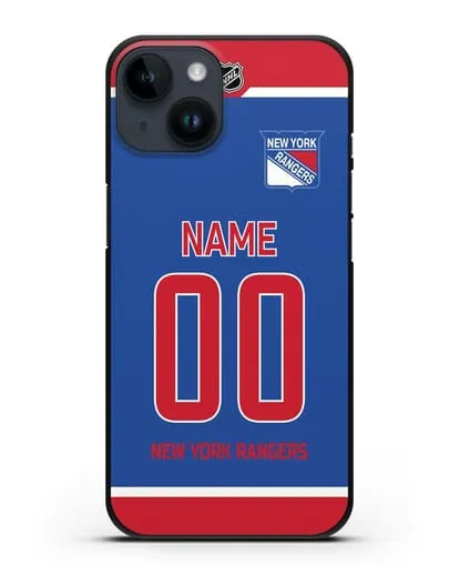 Чехол ХК Нью-Йорк Рейнджерс с фамилией и номером синяя форма силиконовый для iPhone 14