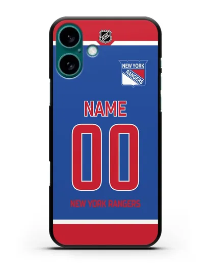 Чехол ХК Нью-Йорк Рейнджерс с фамилией и номером синяя форма силиконовый для iPhone 16 Plus