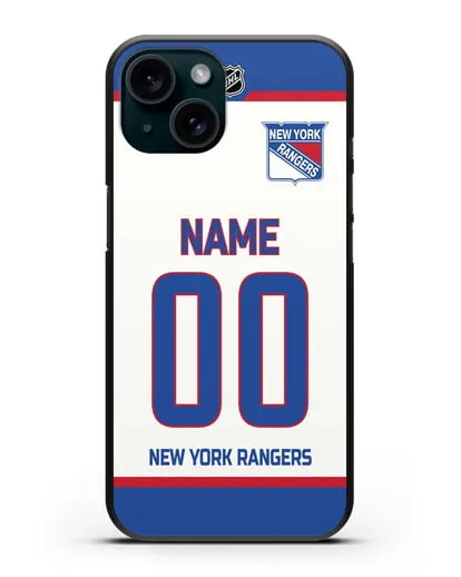 Чехол ХК Нью-Йорк Рейнджерс с фамилией и номером белая форма силиконовый для iPhone 15