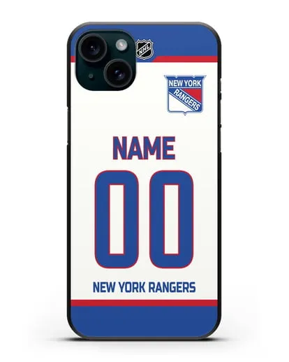 Чехол ХК Нью-Йорк Рейнджерс с фамилией и номером белая форма силиконовый для iPhone 15 Plus