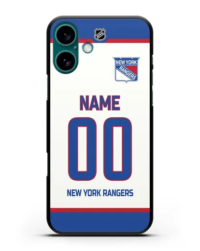 Чехол ХК Нью-Йорк Рейнджерс с фамилией и номером белая форма силиконовый для iPhone 16 Plus